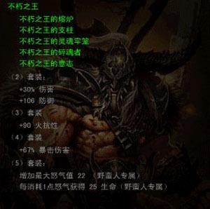 属性：+2 野蛮人技能；+50 力量；+100 生命；物理伤害减少 20%；套装凑齐额外 + 4 战斗指挥