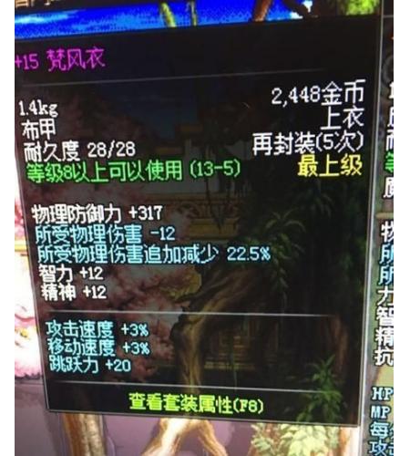 梵风衣（13 级粉布甲上衣）60 版本 PK 场 “神装”，虽然等级低，但 + 3% 攻速、+3% 移动速度、+2% 释放速度，是追求极限三速的漫游、元素等职业必备；出处为龙人之塔、人偶玄关等低级深渊。